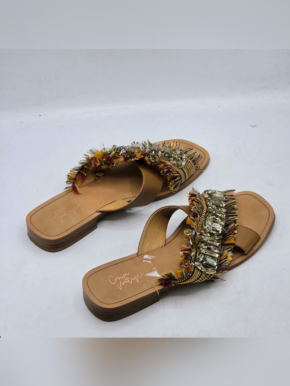 Crown Vintage Somaya Embellished Fringe Flat Sandals Tan Brown 9M - Picture 4 of 16
